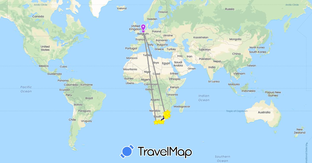 TravelMap itinerary: driving, plane, hiking, game drive, kabelbaan, taxi, boot in Netherlands, Swaziland, South Africa (Africa, Europe)